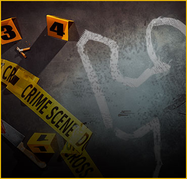 Crime scene with 'CRIME SCENE' tape and chalk outline: Murder & homicide.